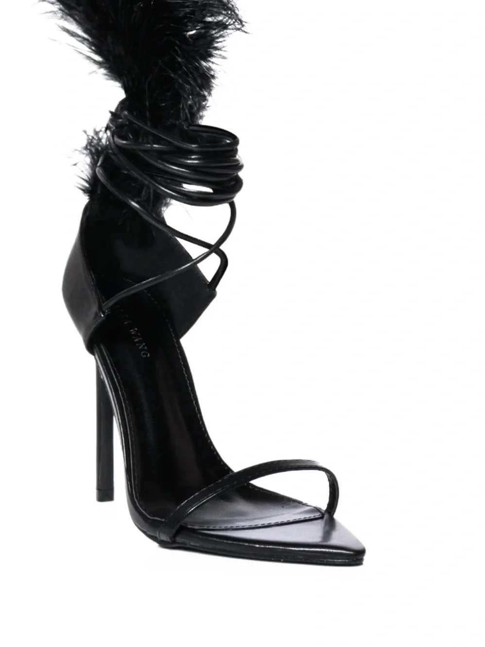 Black Feather Ankle-Tie Stiletto Sandals - Picture 3 of 6